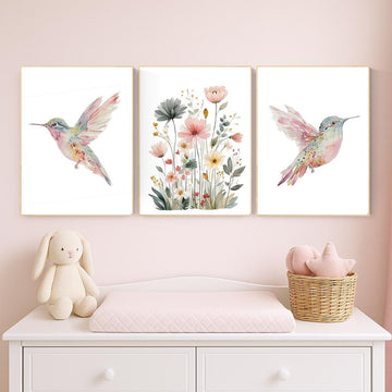 Watercolor Hummingbird Nursery Print Set: Pink Floral Botanical Art