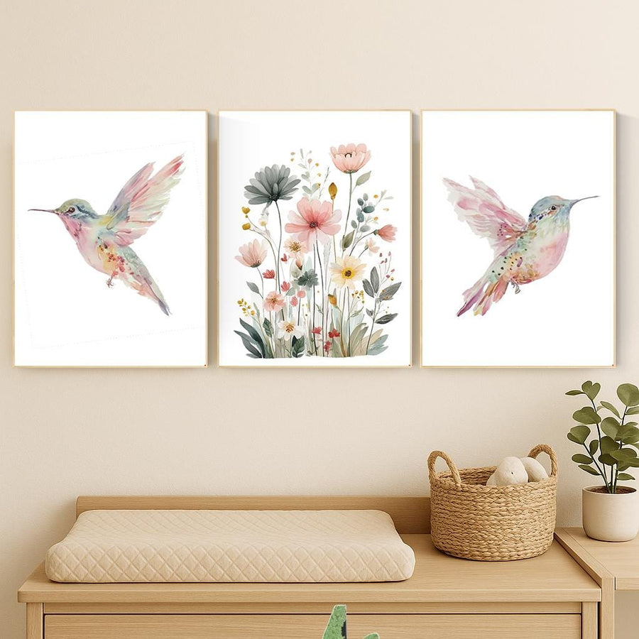 Watercolor Hummingbird Nursery Print Set: Pink Floral Botanical Art