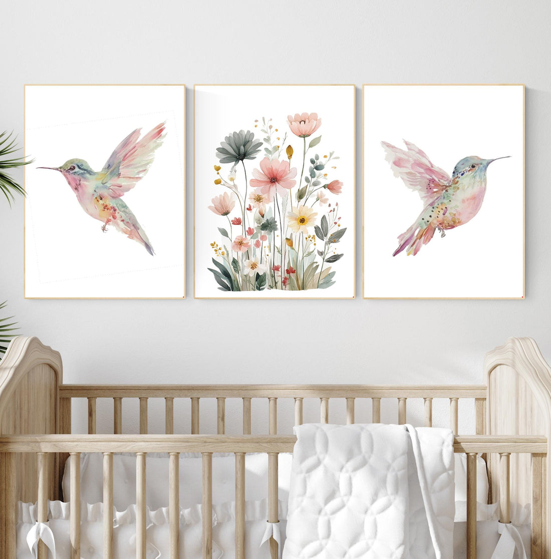 Watercolor Hummingbird Nursery Print Set: Pink Floral Botanical Art