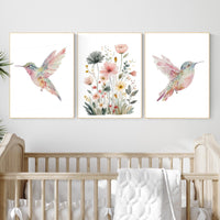 Watercolor Hummingbird Nursery Print Set: Pink Floral Botanical Art