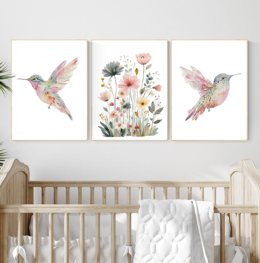 Watercolor Hummingbird Nursery Print Set: Pink Floral Botanical Art