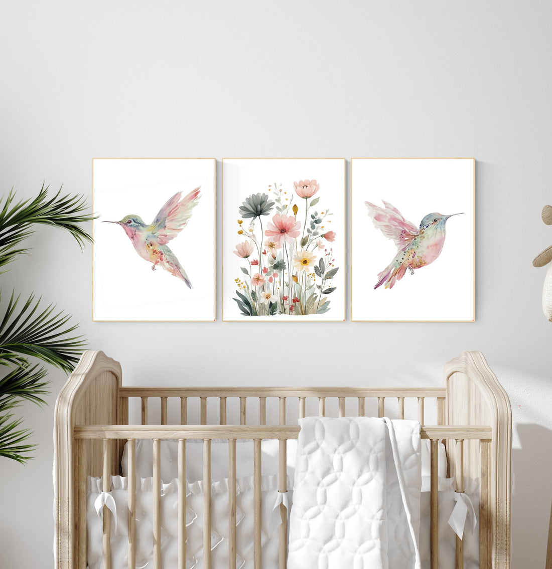 Watercolor Hummingbird Nursery Print Set: Pink Floral Botanical Art