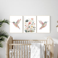 Watercolor Hummingbird Nursery Print Set: Pink Floral Botanical Art