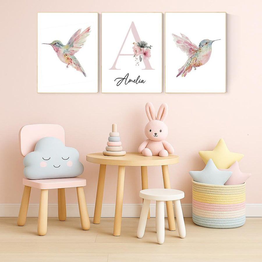 Personalized Hummingbird Nursery Print: Watercolor Floral Name Art