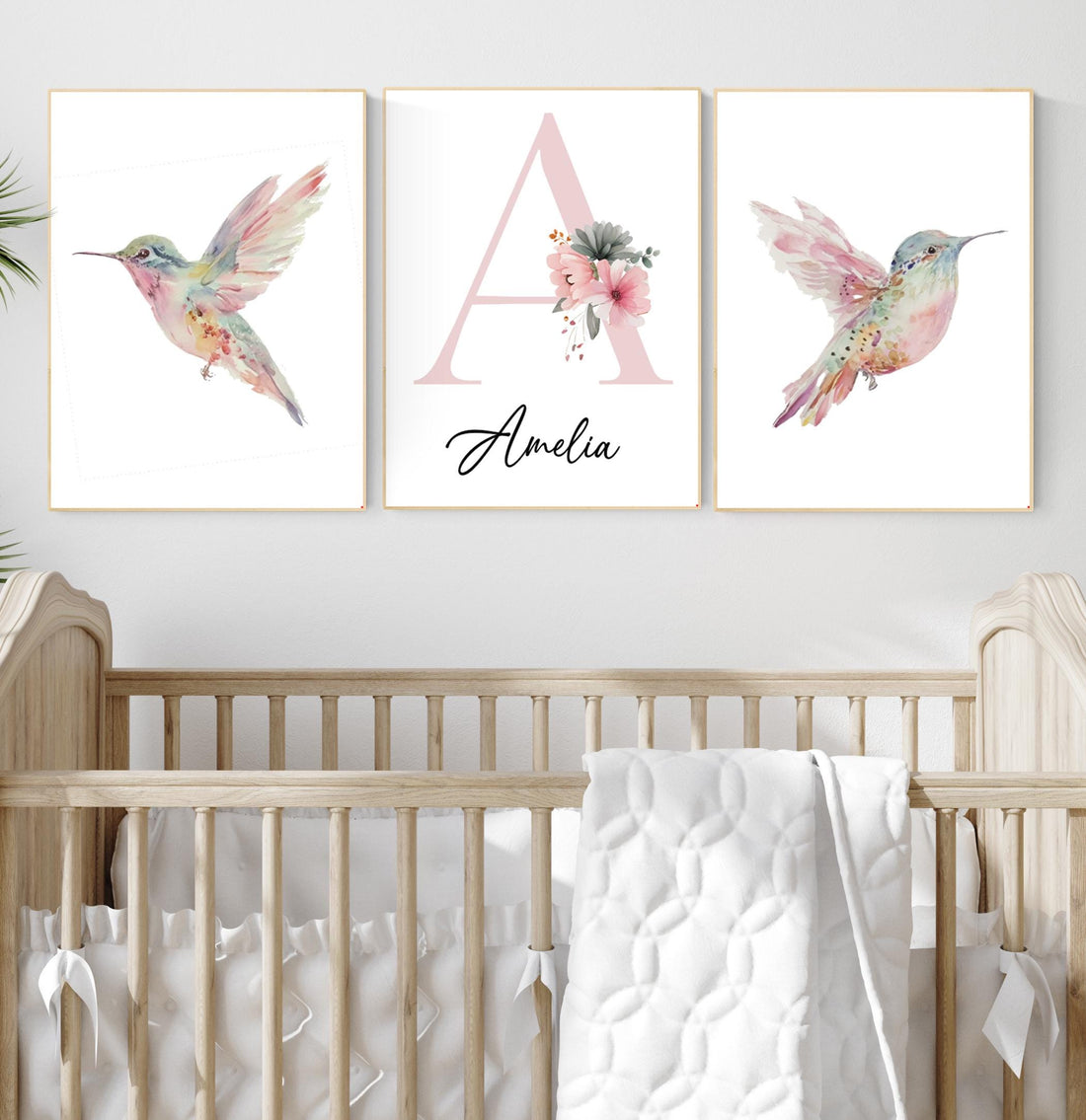 Personalized Hummingbird Nursery Print: Watercolor Floral Name Art