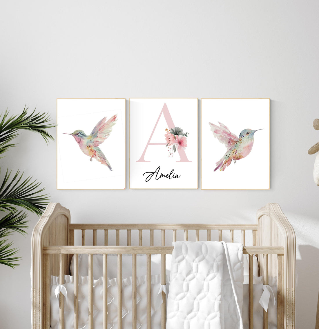 Personalized Hummingbird Nursery Print: Watercolor Floral Name Art