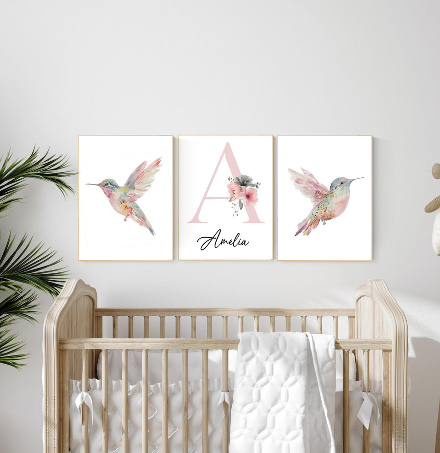 Personalized Hummingbird Nursery Print: Watercolor Floral Name Art