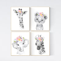 Floral Safari Animal Nursery Print: Pink Elephant Decor