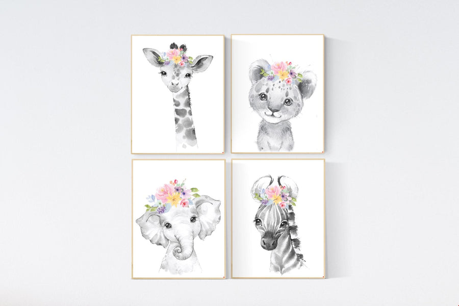 Floral Safari Animal Nursery Print: Pink Elephant Decor