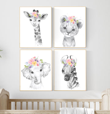 Floral Safari Animal Nursery Print: Pink Elephant Decor