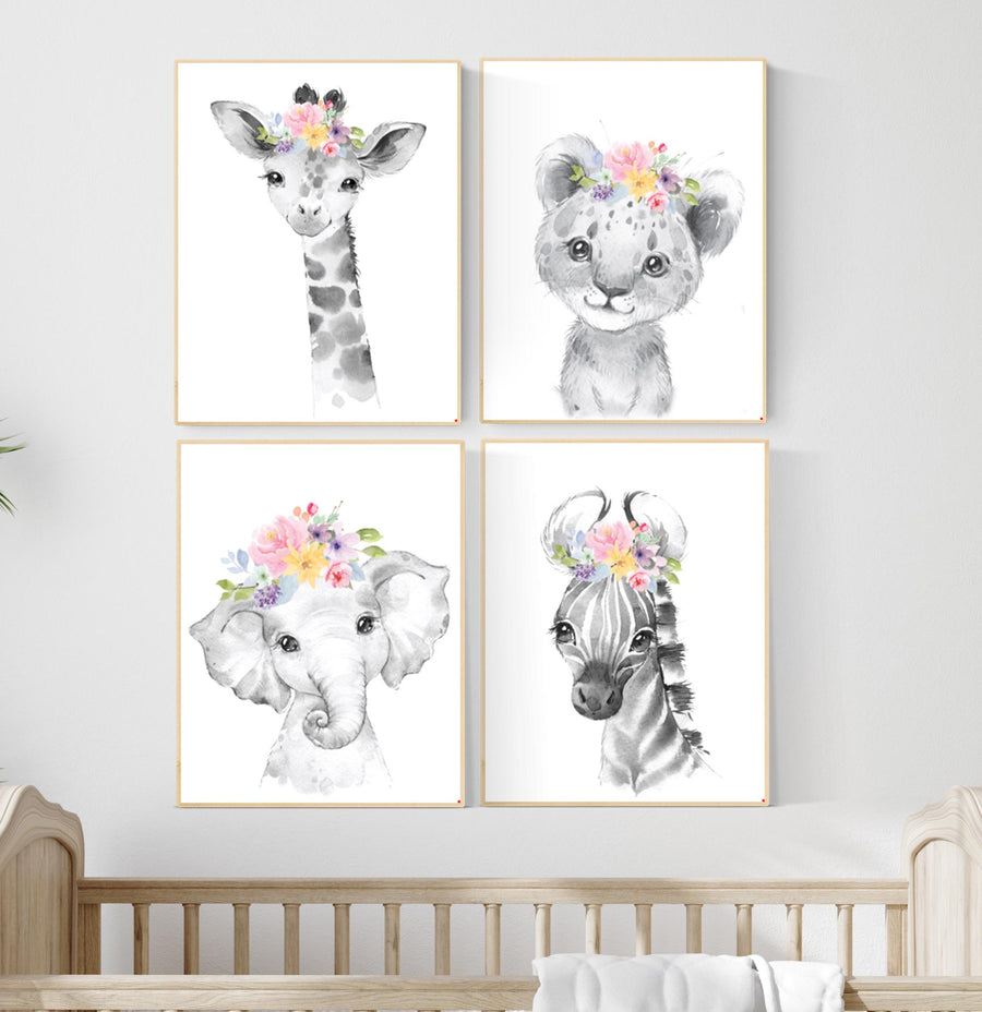 Floral Safari Animal Nursery Print: Pink Elephant Decor