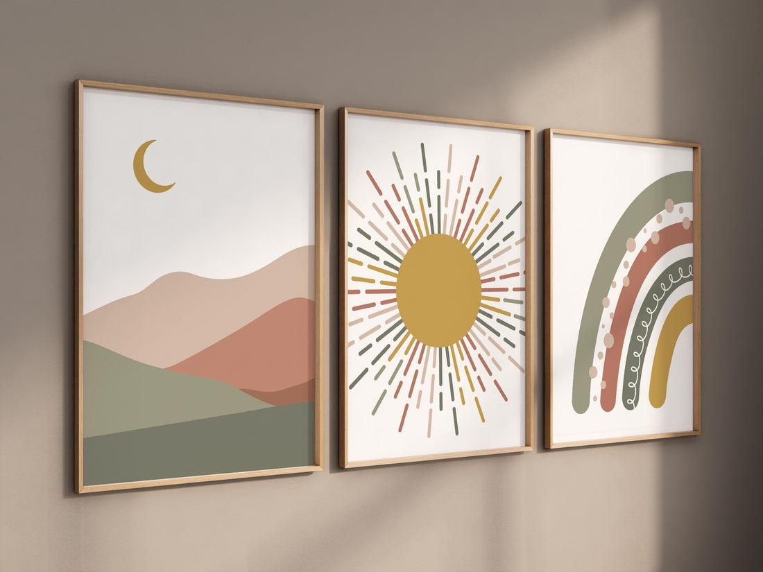 Boho Nursery Print: Rainbow, Sun & Moon - Earth Tone Abstract Art