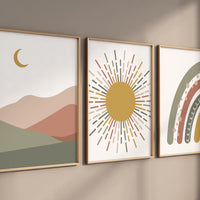 Boho Nursery Print: Rainbow, Sun & Moon - Earth Tone Abstract Art