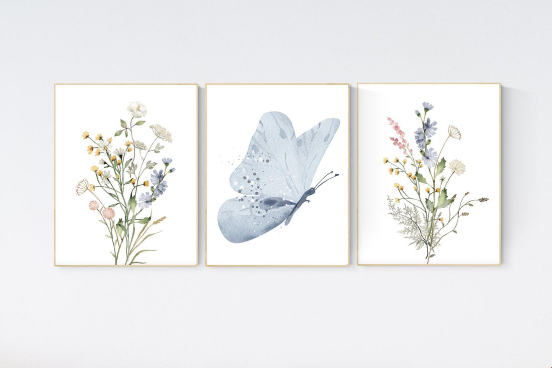Blue Butterfly Wildflower Nursery Print: Watercolor Botanical Art