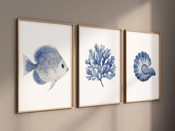 Coastal Watercolor Print Set: Fish, Coral, Seashell - Beach House Decor