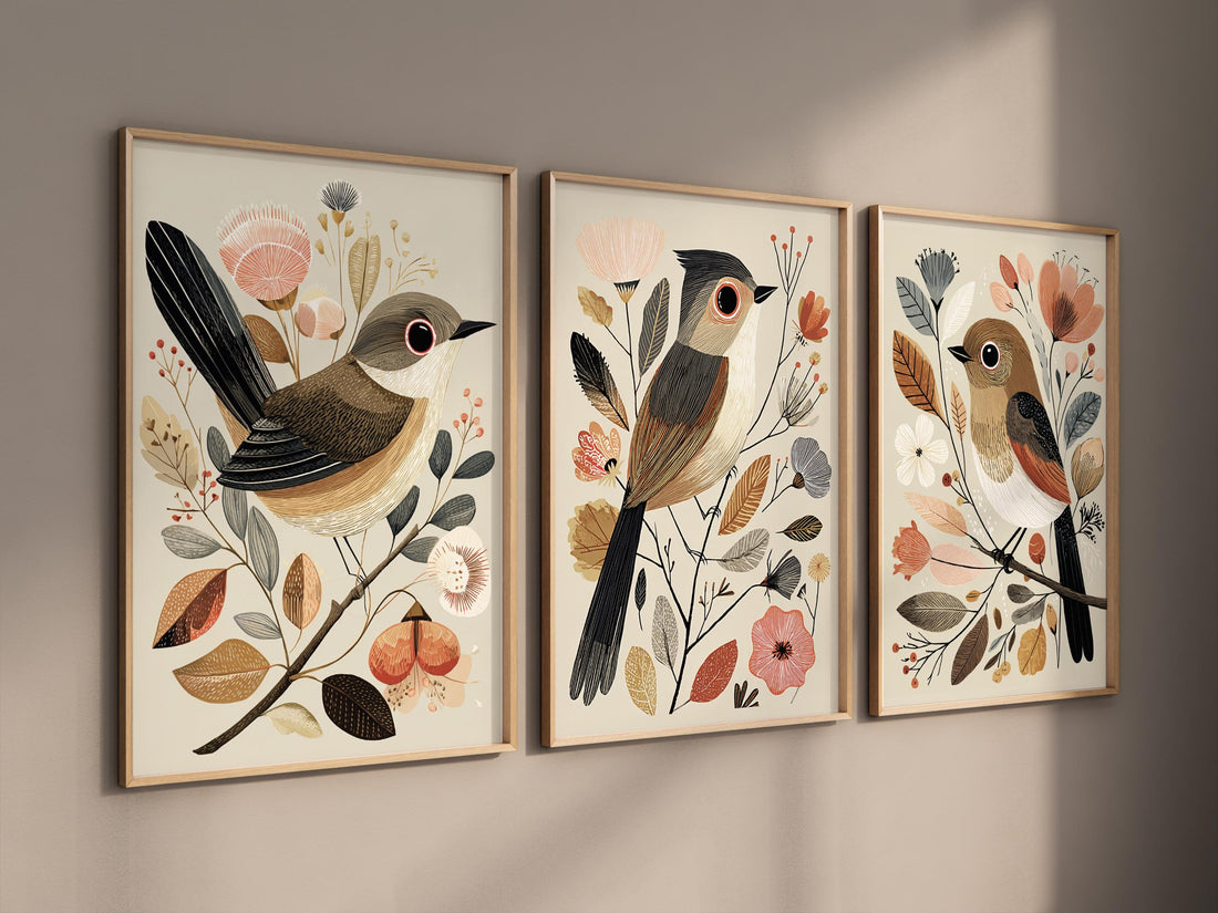 Vintage Bird Print Set: Neutral Autumn Boho Wall Art