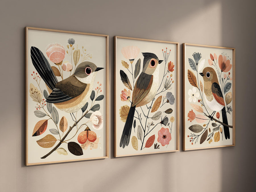 Vintage Bird Print Set: Neutral Autumn Boho Wall Art