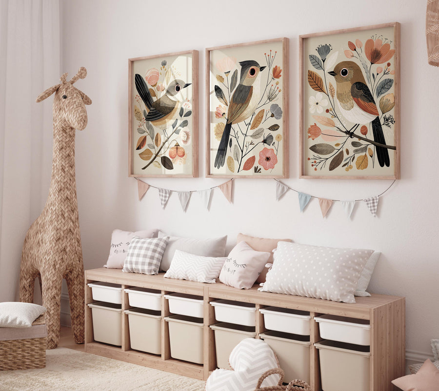 Vintage Bird Print Set: Neutral Autumn Boho Wall Art