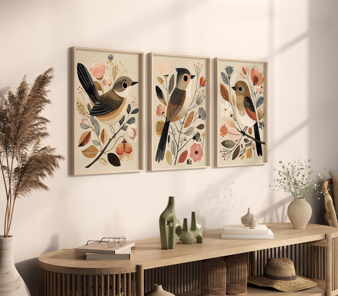 Vintage Bird Print Set: Neutral Autumn Boho Wall Art