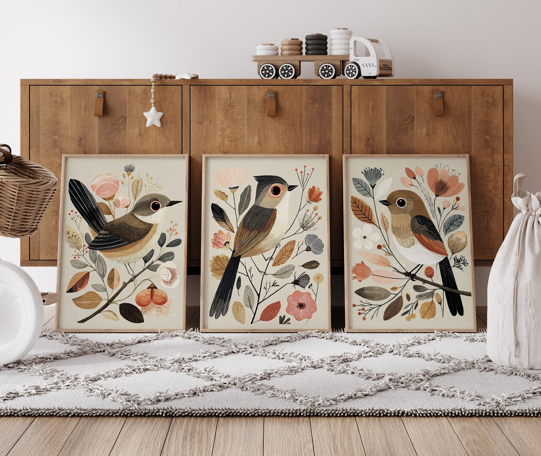 Vintage Bird Print Set: Neutral Autumn Boho Wall Art