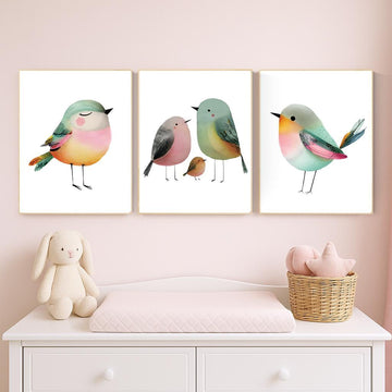 Pastel Bird Nursery Art Prints: Baby Girl Room Decor, Watercolor Set of 3