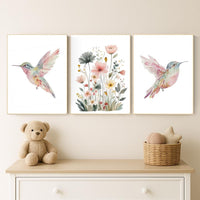 Watercolor Hummingbird Nursery Print Set: Pink Floral Botanical Art