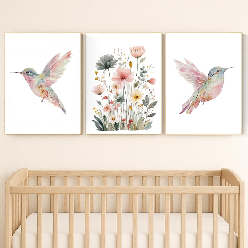 Watercolor Hummingbird Nursery Print Set: Pink Floral Botanical Art