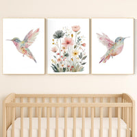 Watercolor Hummingbird Nursery Print Set: Pink Floral Botanical Art