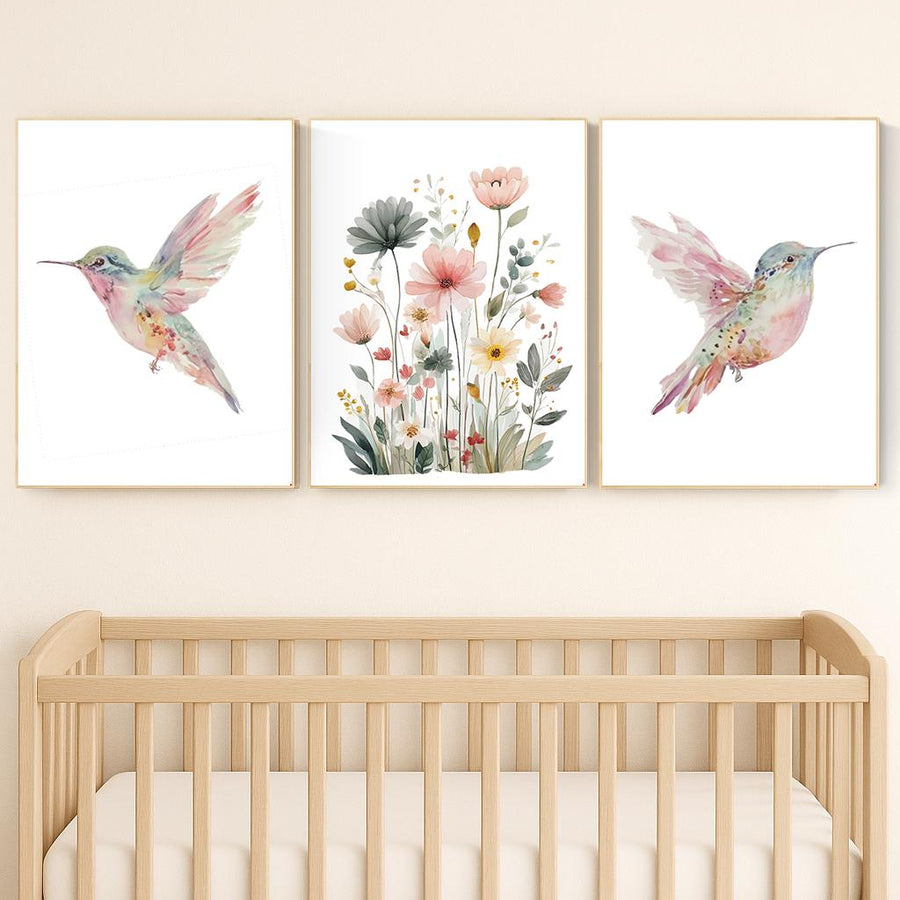 Watercolor Hummingbird Nursery Print Set: Pink Floral Botanical Art