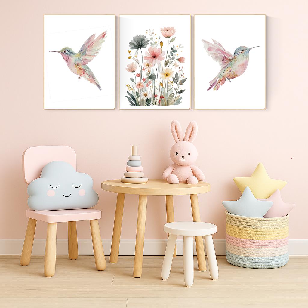 Watercolor Hummingbird Nursery Print Set: Pink Floral Botanical Art