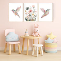 Watercolor Hummingbird Nursery Print Set: Pink Floral Botanical Art