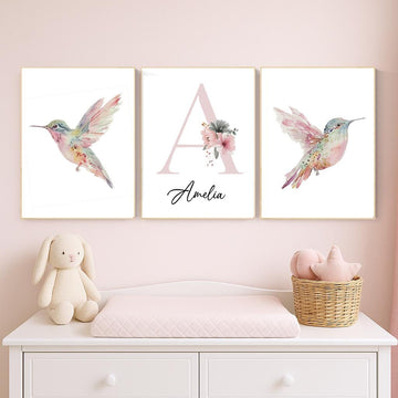 Personalized Hummingbird Nursery Print: Watercolor Floral Name Art