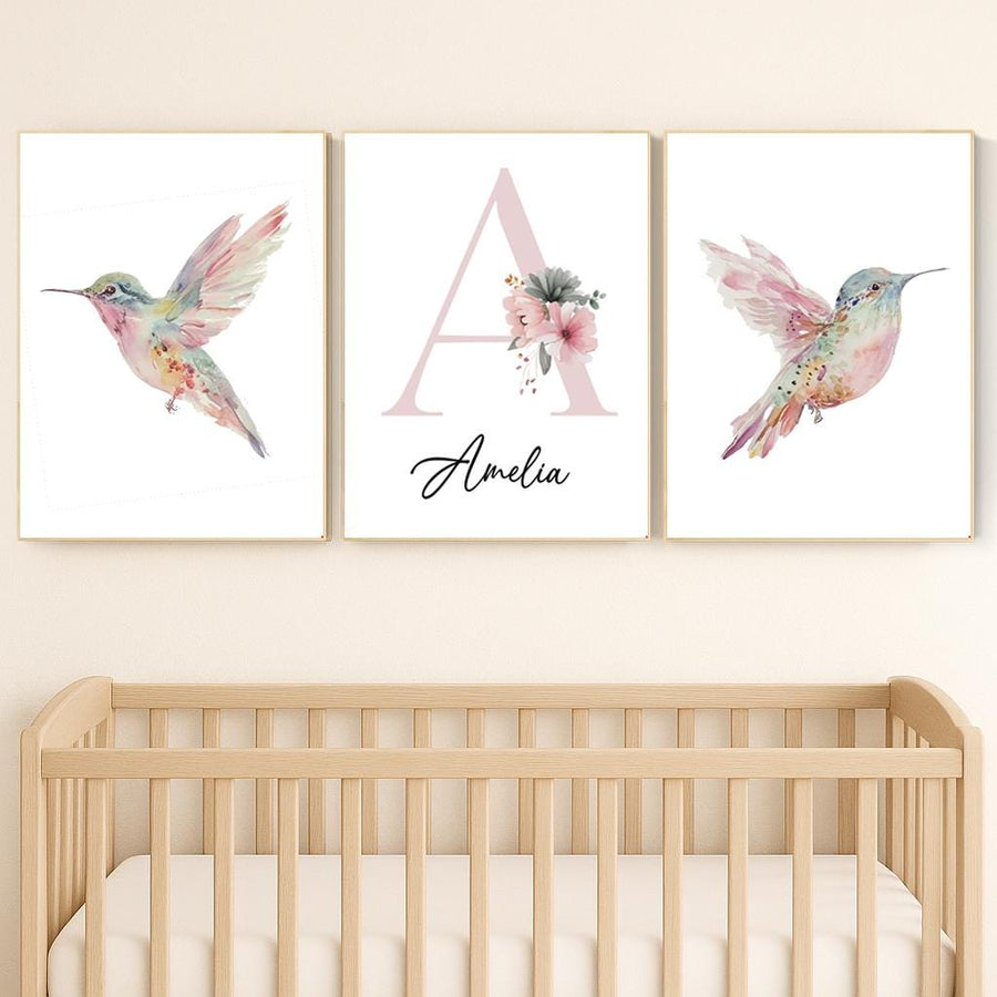 Personalized Hummingbird Nursery Print: Watercolor Floral Name Art