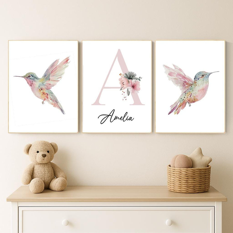 Personalized Hummingbird Nursery Print: Watercolor Floral Name Art