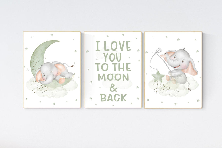 Sage Green Elephant Nursery Print: Gender Neutral Baby Room Wall Art