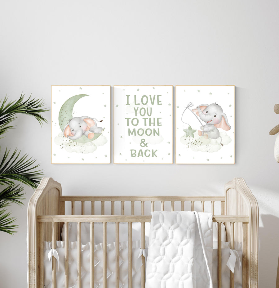 Sage Green Elephant Nursery Print: Gender Neutral Baby Room Wall Art