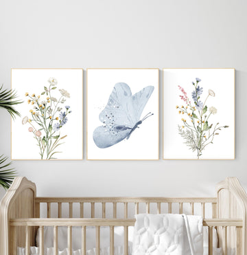 Blue Butterfly Wildflower Nursery Print: Watercolor Botanical Art