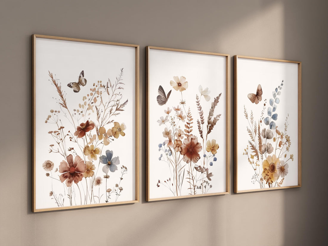 Wildflower Nursery Print Set: Rustic Botanical Art, Boho Butterfly Decor