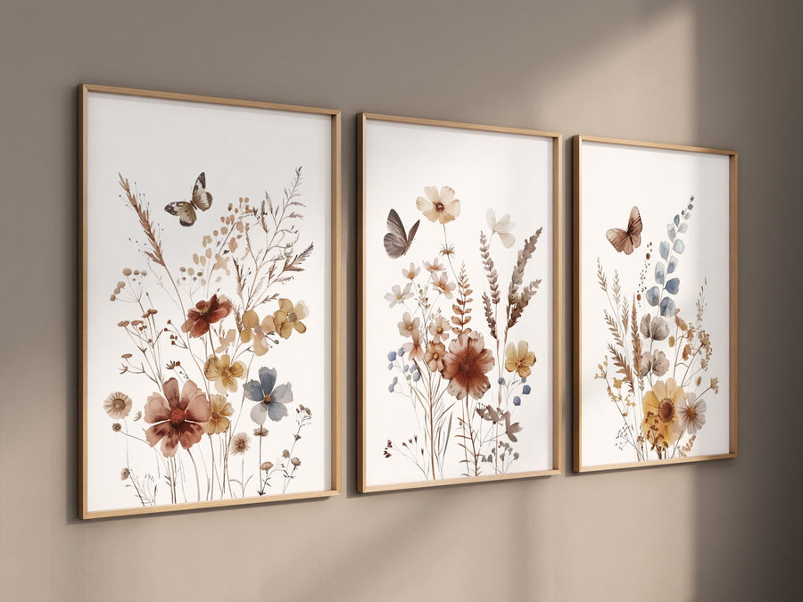 Wildflower Nursery Print Set: Rustic Botanical Art, Boho Butterfly Decor