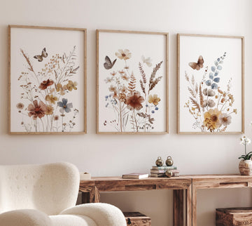 Wildflower Nursery Print Set: Rustic Botanical Art, Boho Butterfly Decor