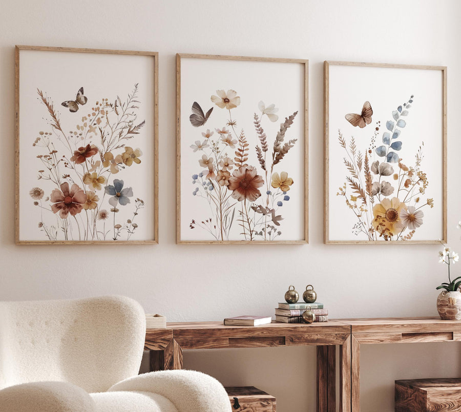 Wildflower Nursery Print Set: Rustic Botanical Art, Boho Butterfly Decor