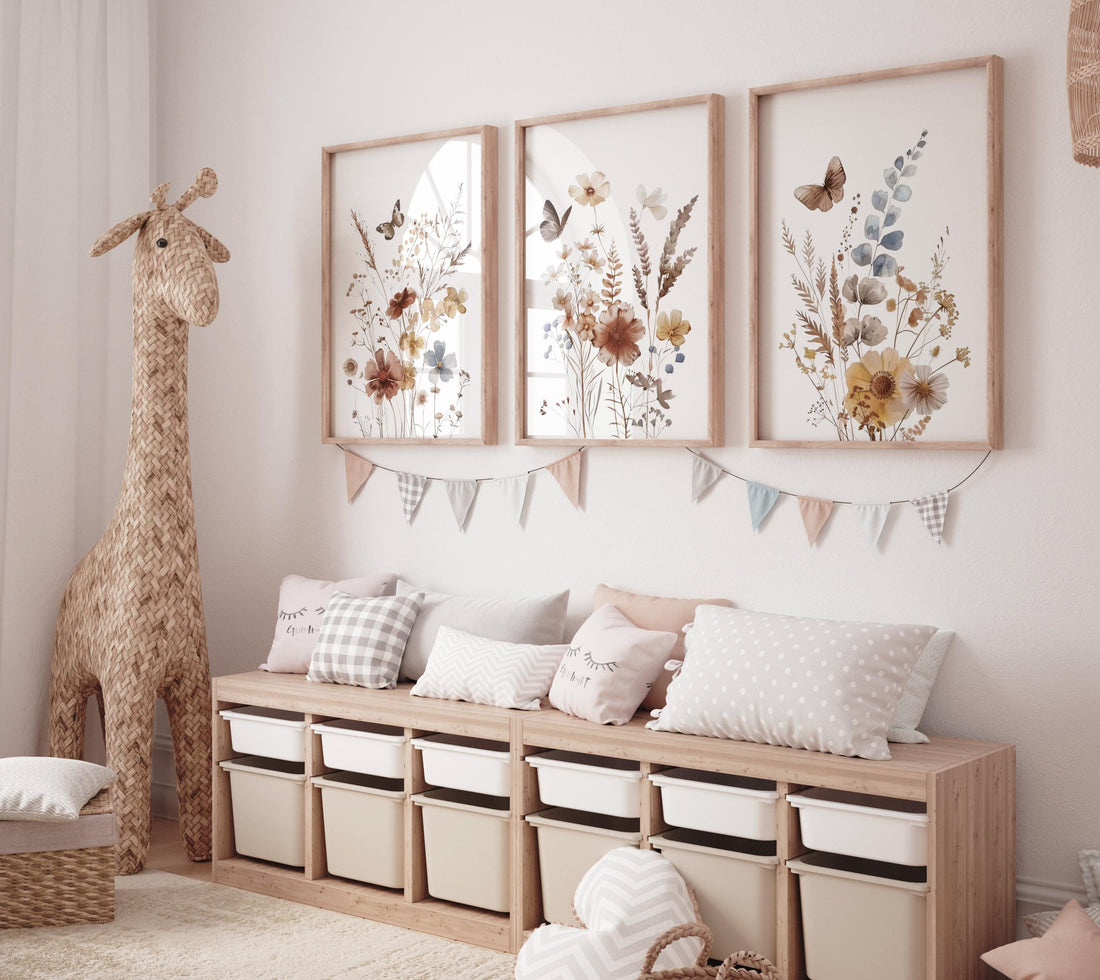 Wildflower Nursery Print Set: Rustic Botanical Art, Boho Butterfly Decor