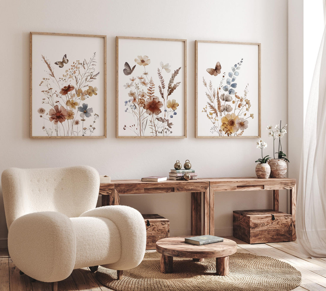 Wildflower Nursery Print Set: Rustic Botanical Art, Boho Butterfly Decor
