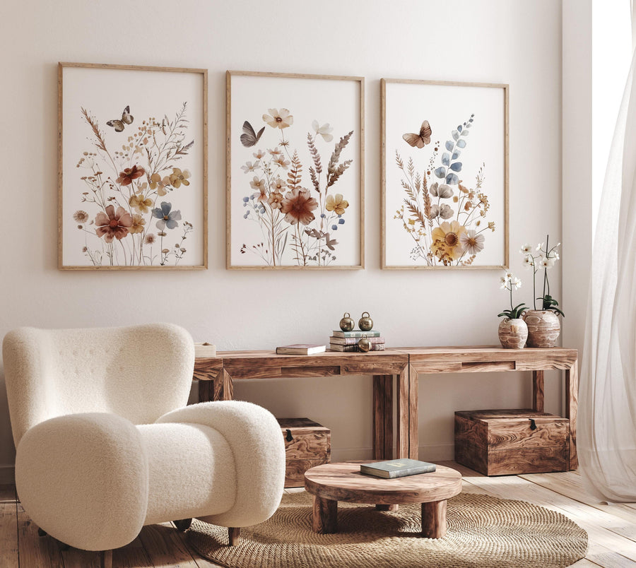 Wildflower Nursery Print Set: Rustic Botanical Art, Boho Butterfly Decor