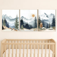 Nursery decor woodland, mountain wall art, tree nursery decor, adventure theme nursery, forest, sage green, beige, woodland animals