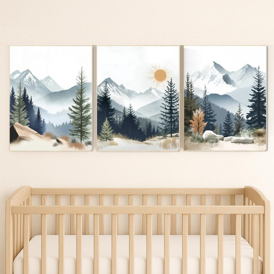 Nursery decor woodland, mountain wall art, tree nursery decor, adventure theme nursery, forest, sage green, beige, woodland animals