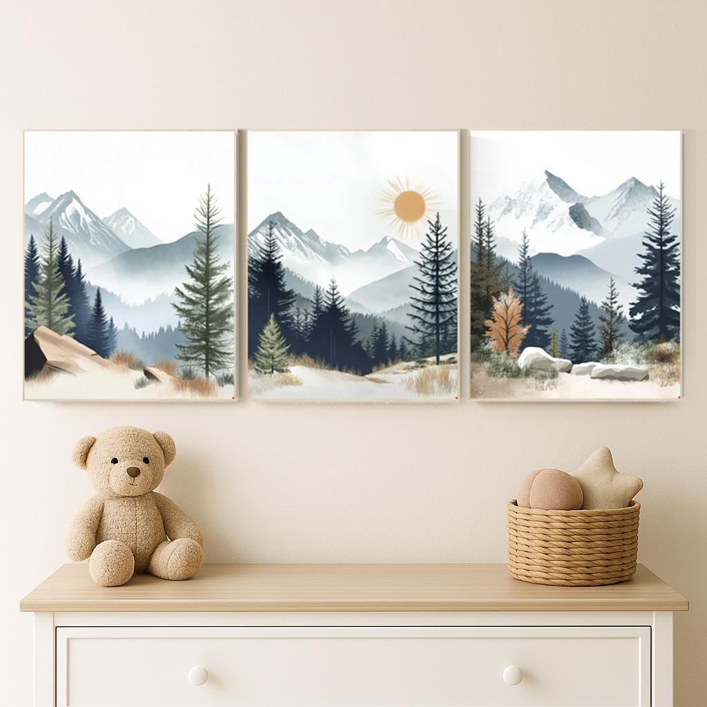 Nursery decor woodland, mountain wall art, tree nursery decor, adventure theme nursery, forest, sage green, beige, woodland animals