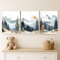 Nursery decor woodland, mountain wall art, tree nursery decor, adventure theme nursery, forest, sage green, beige, woodland animals