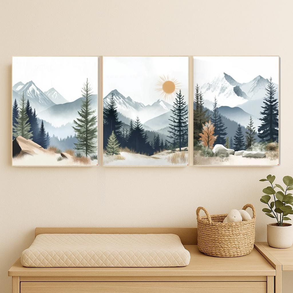 Nursery decor woodland, mountain wall art, tree nursery decor, adventure theme nursery, forest, sage green, beige, woodland animals
