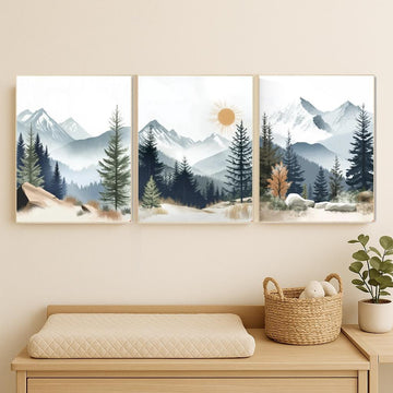 Nursery decor woodland, mountain wall art, tree nursery decor, adventure theme nursery, forest, sage green, beige, woodland animals